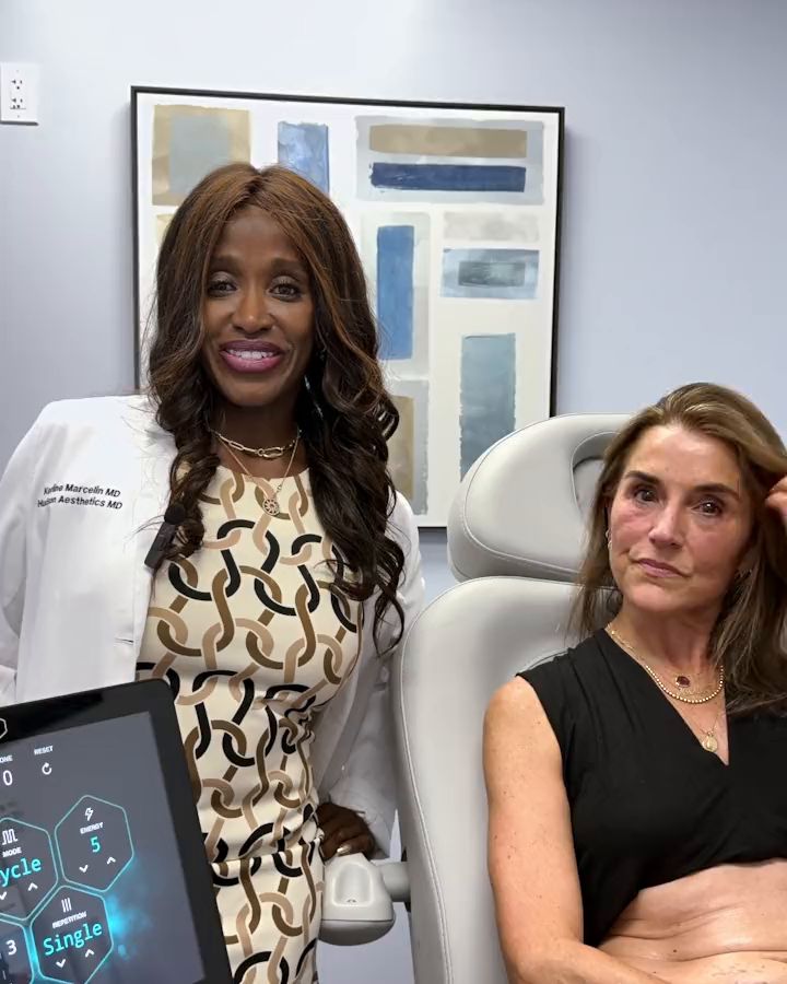 Inside the treatment rooms at Hudson Aesthetics MD: Dr. Kerline Marcelin with a patient, Moxi laser, Morpheus8, LED light therapy, Lumecca IPL and a Forma facial